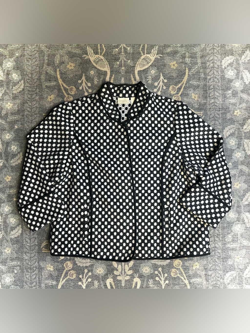 Chico’s Black White Polka Dot Open Front Knit Jacket Sz 3 (L/16)